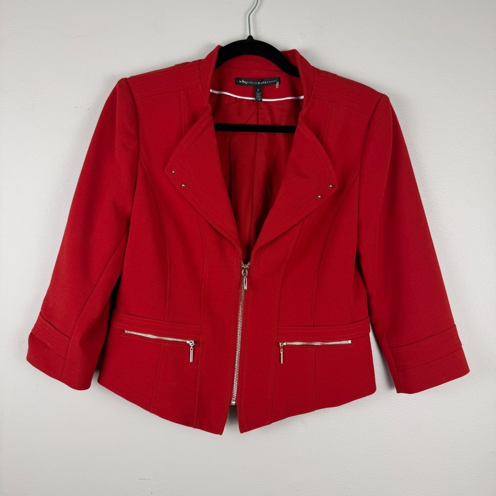 White House Black Market Cropped Moto Blazer Jacket Women 6 Red Front Zip Career